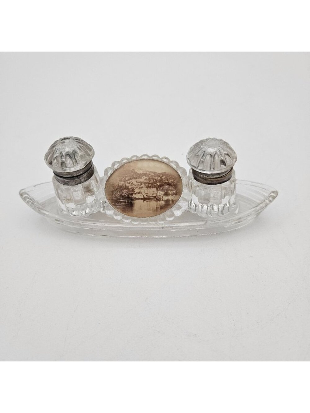 Vintage Souvenir Pressed Glass Harbor Photo Double Ink Well